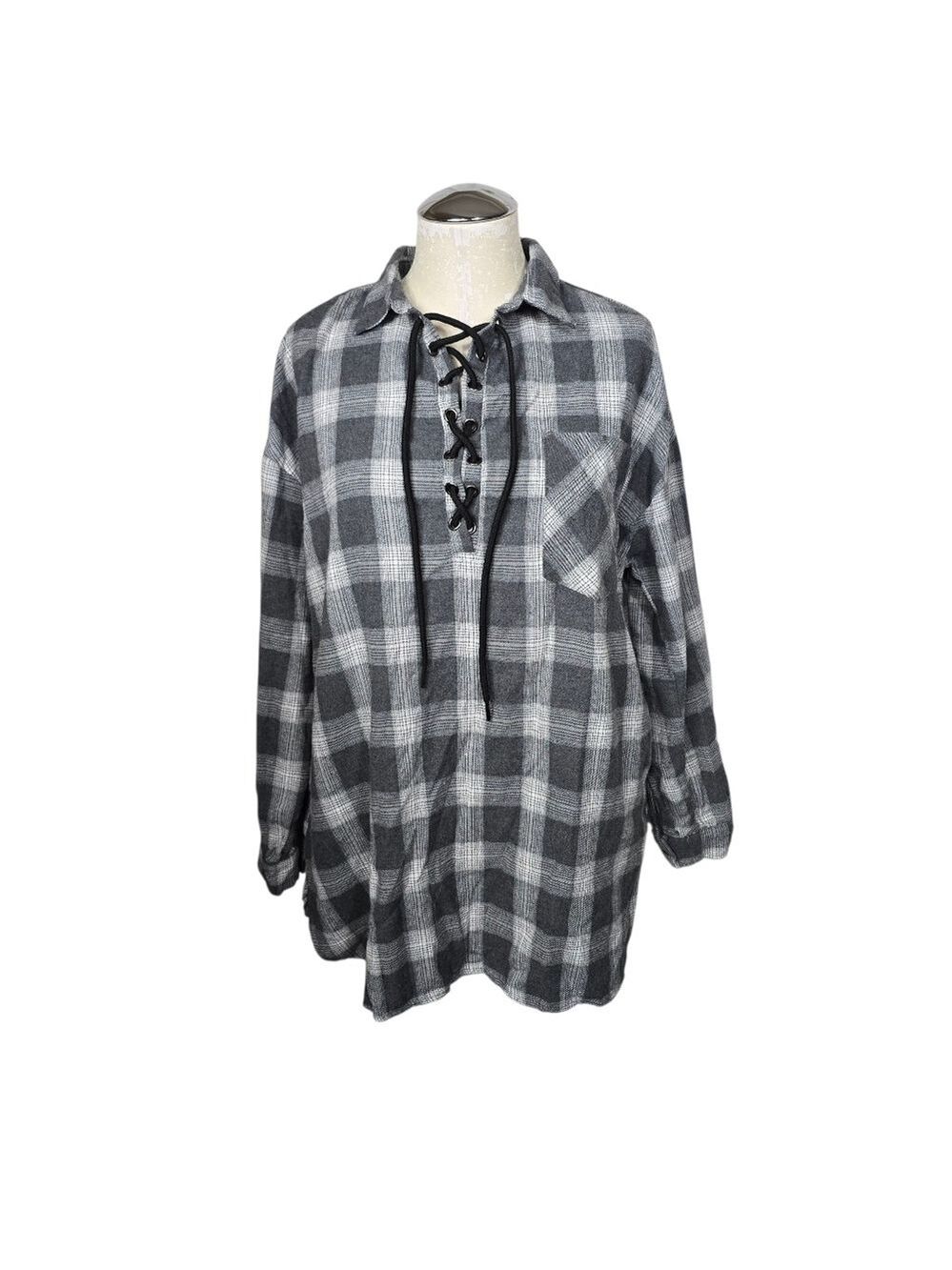 Crescent Gray White Plaid Lace Up Tab Sleeves Tunic S